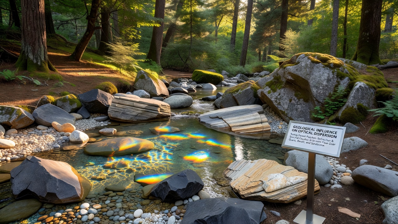 Close view of dispersed light spectra across moss-covered rocks in a sunlit forest clearing highlighting mineral influence on color separation